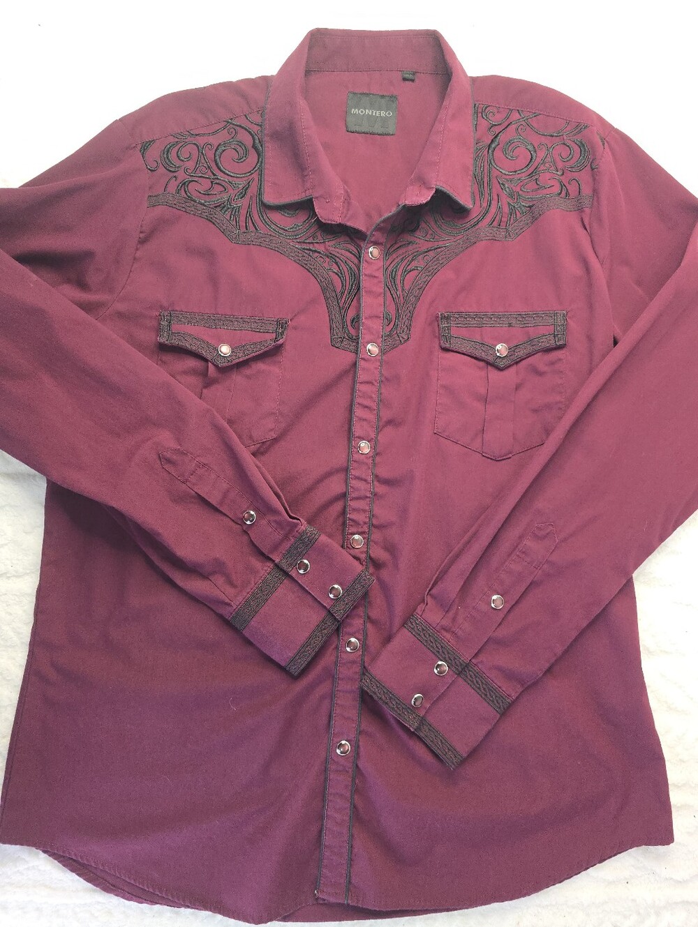 Montero Western Shirt Burgundy Black Embroidered Pearl Snap Cowboy Rodeo XL